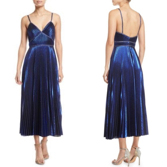 Marchesa Dresses & Skirts - MARCHESA NOTTE Pleated Metallic Midi Dress Blue Sz 4